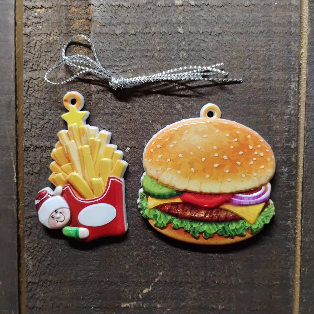 CHEESEBURGER AND FRIES ORNAMENTS NEW - FAST FOOD CHRISTMAS ORNAMENTS SET OF TWO